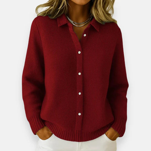 LUNEVRA – WOMEN’S BUTTONED KNIT LAPEL CARDIGAN COAT Burgundy Cardigans Marina&Nola