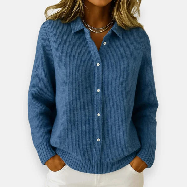 LUNEVRA – WOMEN’S BUTTONED KNIT LAPEL CARDIGAN COAT Light Blue Cardigans Marina&Nola