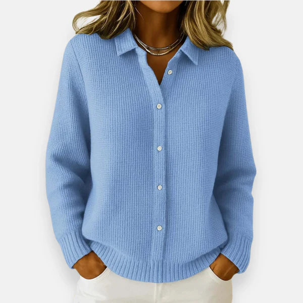 LUNEVRA – WOMEN’S BUTTONED KNIT LAPEL CARDIGAN COAT Sky Blue Cardigans Marina&Nola