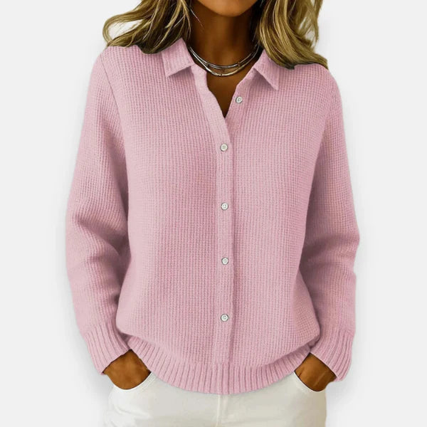 LUNEVRA – WOMEN’S BUTTONED KNIT LAPEL CARDIGAN COAT Pink Cardigans Marina&Nola