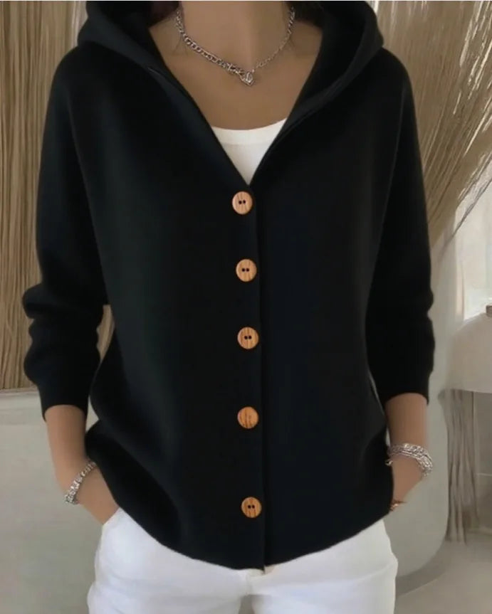 NORELIA – WOMEN’S BUTTONED KNIT HOODED CARDIGAN SWEATER Black Sweater Marina&Nola
