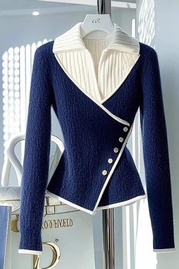 ELÉMATI – WOMEN’S BLUE KNITTED FAUX TWO-PIECE SLIM TOP Blue Sweater Marina&Nola