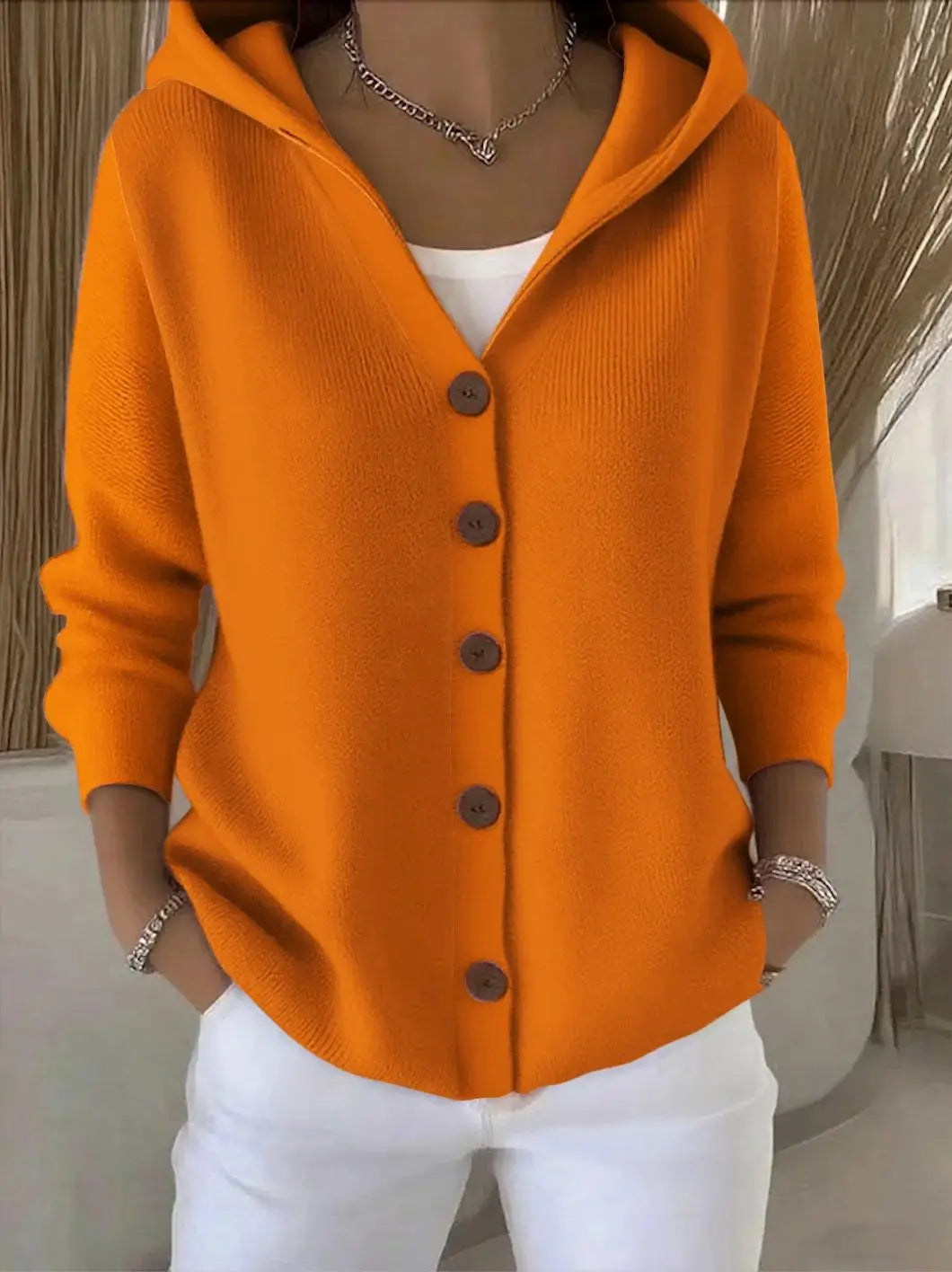 NORELIA – WOMEN’S BUTTONED KNIT HOODED CARDIGAN SWEATER Orange Sweater Marina&Nola