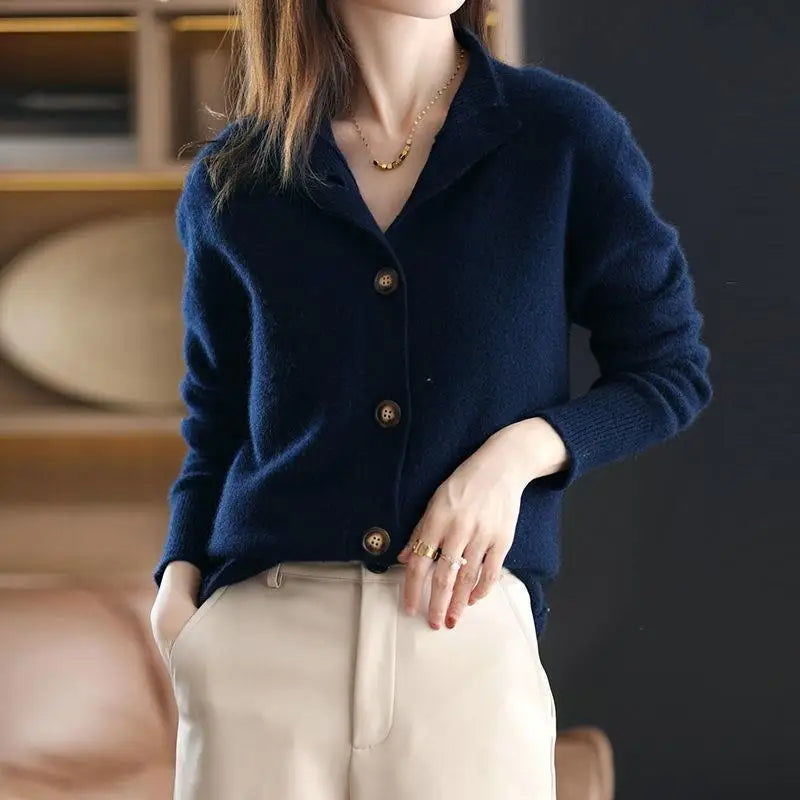 SOYARA – WOMEN’S KOREAN-STYLE RETRO KNIT CARDIGAN Navy Blue Cardigans Marina&Nola