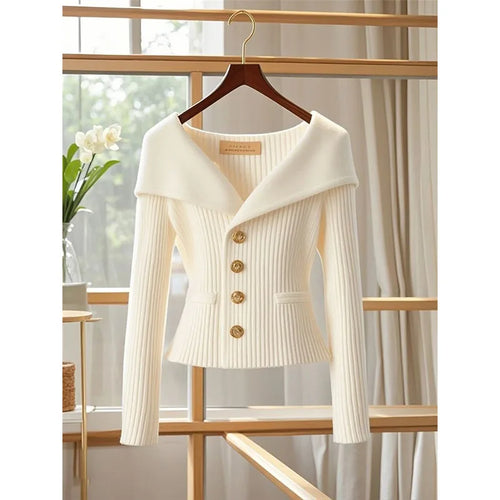 AUREVIA – WOMEN’S HIGH-END CARDIGAN SWEATER White Sweater Marina&Nola