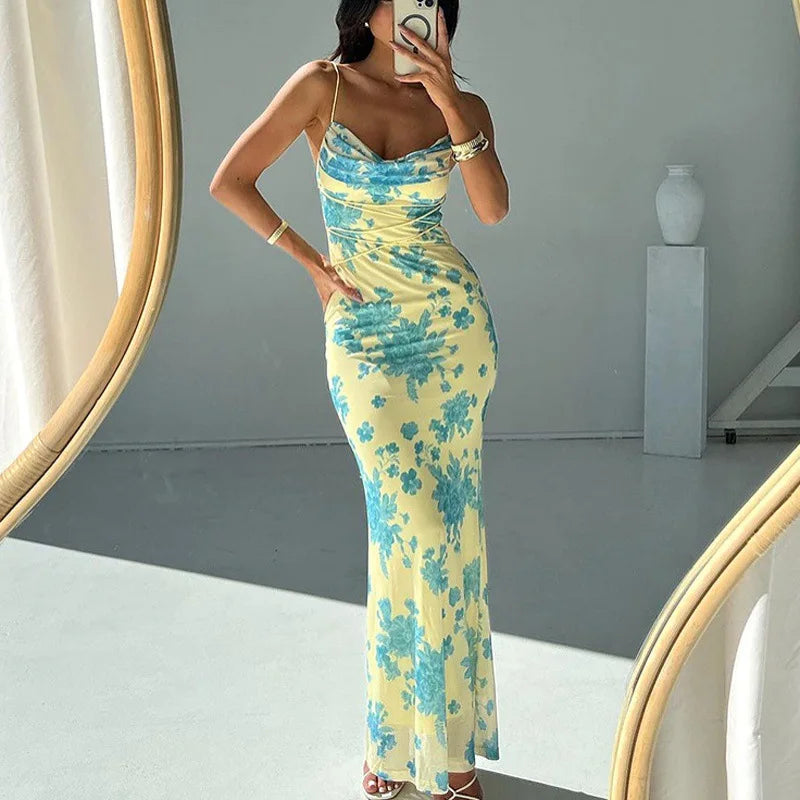 FLORÉLIA – WOMEN’S ELEGANT HALTER FLORAL BODYCON MAXI DRESS