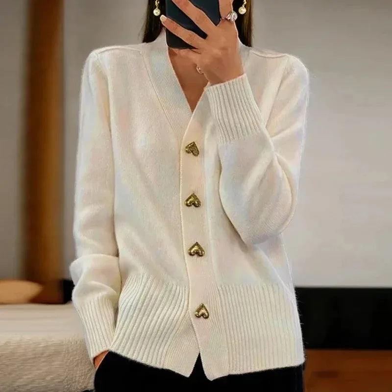 VELORIA – WOMEN’S CASUAL V-NECK KNIT CARDIGAN SWEATER Beige Sweater Marina&Nola