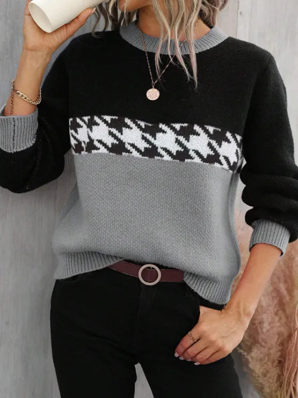 MARIELLE – WOMEN’S PRINTED LOOSE-FIT KNIT PULLOVER SWEATER Dark Grey Sweater Marina&Nola