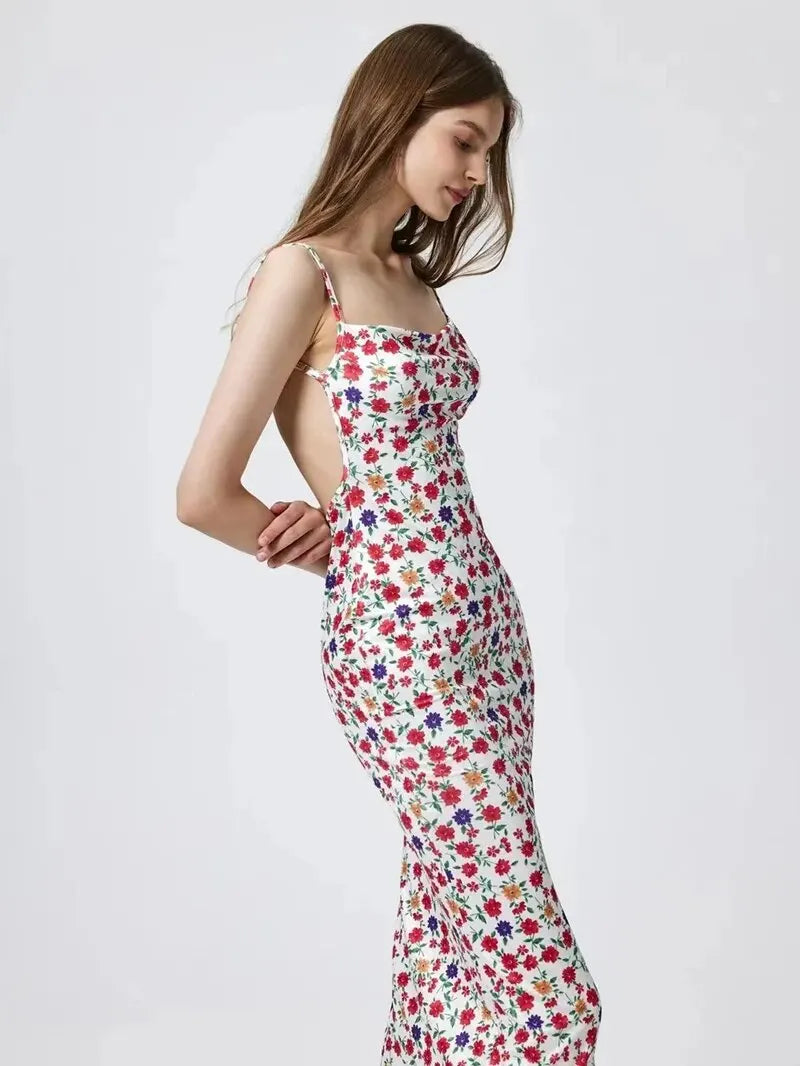 FLORÉSSA – WOMEN’S FLORAL SUSPENDER BACKLESS MAXI DRESS