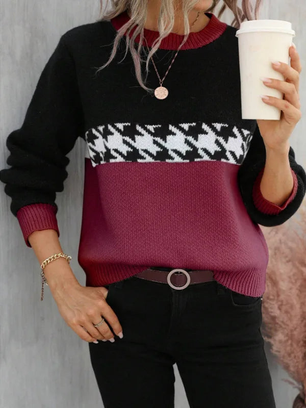 MARIELLE – WOMEN’S PRINTED LOOSE-FIT KNIT PULLOVER SWEATER Rose Red Sweater Marina&Nola