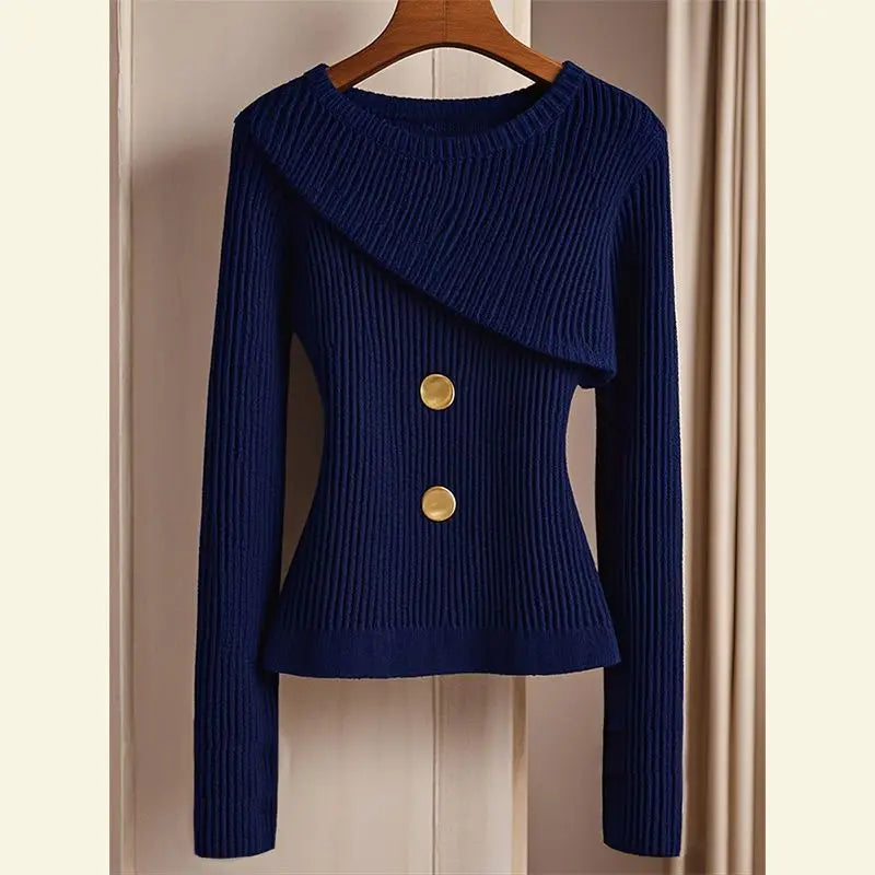 SEORINA – WOMEN’S KOREAN-STYLE IRREGULAR KNIT CARDIGAN Navy Blue Cardigans Marina&Nola