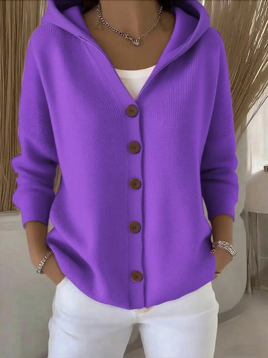 NORELIA – WOMEN’S BUTTONED KNIT HOODED CARDIGAN SWEATER Purple Sweater Marina&Nola