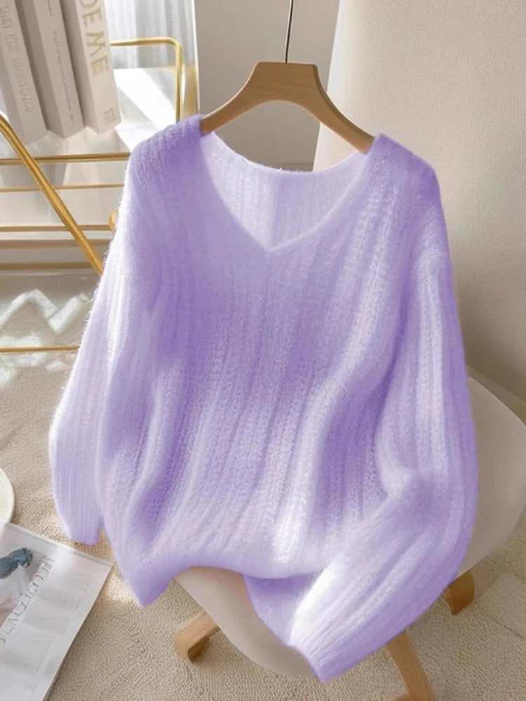LAVÉRIA – WOMEN’S PURPLE LOOSE V-NECK KNIT SWEATER Sweater Marina&Nola