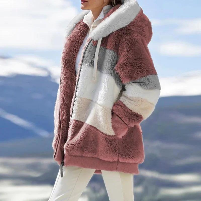 CALYRA – WOMEN’S HOODED PLAID CASHMERE COAT Pink Coat Marina&Nola