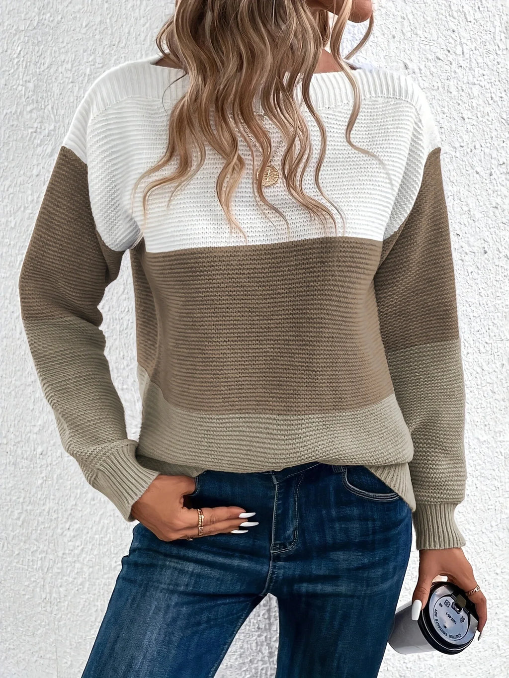 TRICÉRA – WOMEN’S THREE-COLOR PATCHWORK KNIT SWEATER Gold Sweater Marina&Nola