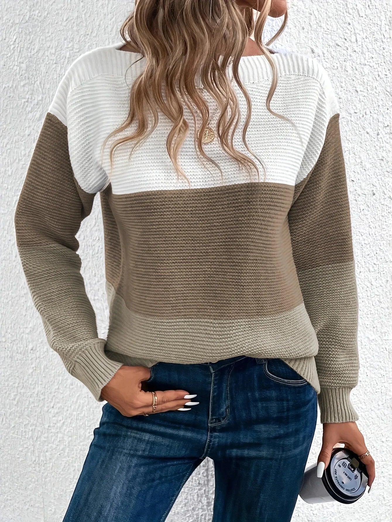 TRICÉRA – WOMEN’S THREE-COLOR PATCHWORK KNIT SWEATER Gold Sweater Marina&Nola