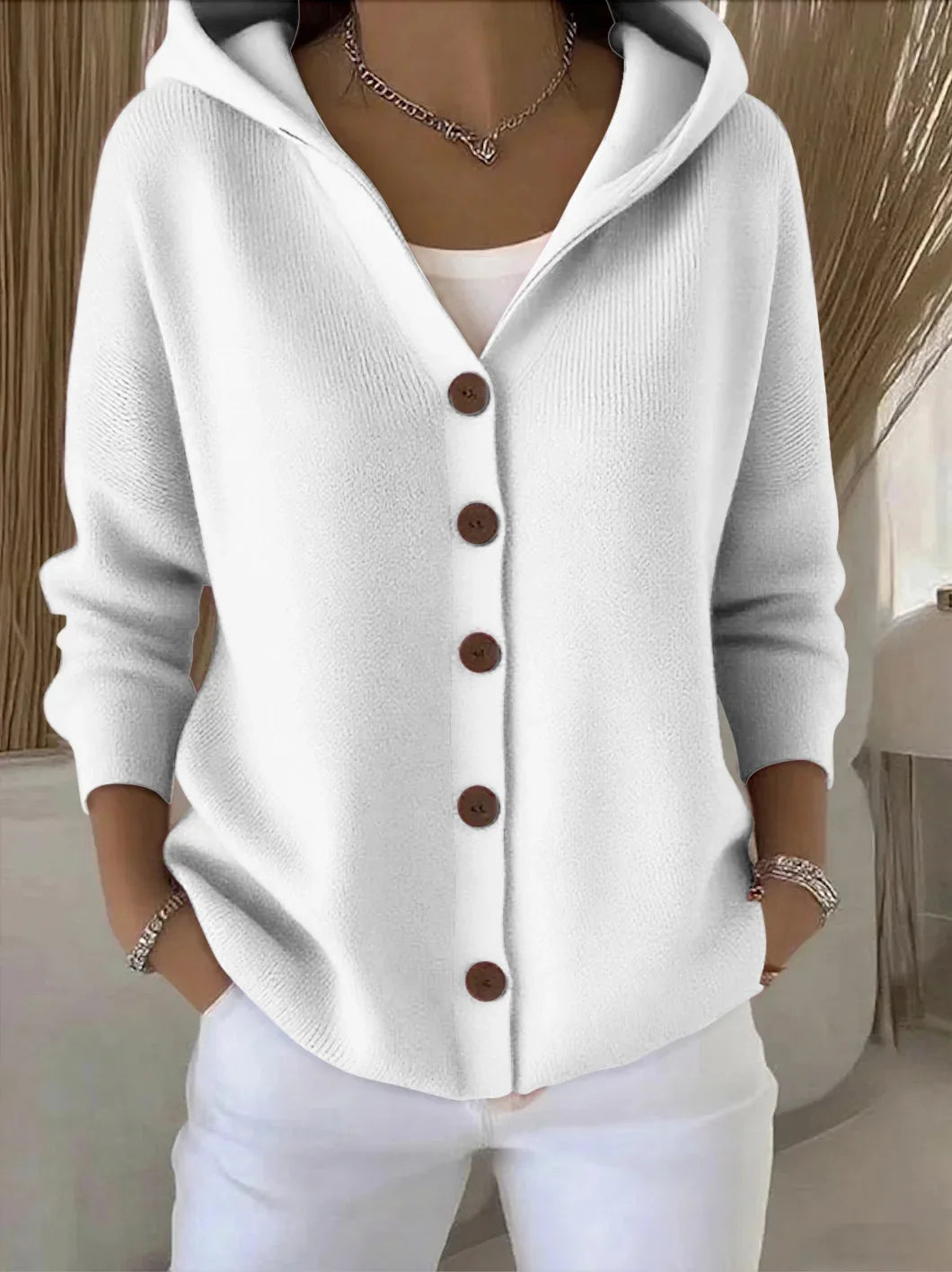 NORELIA – WOMEN’S BUTTONED KNIT HOODED CARDIGAN SWEATER White Sweater Marina&Nola