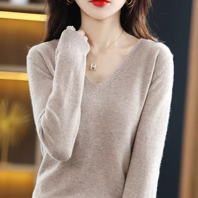ARINELLE – WOMEN’S KOREAN-STYLE V-NECK KNIT SWEATER Light camel Sweater Marina&Nola