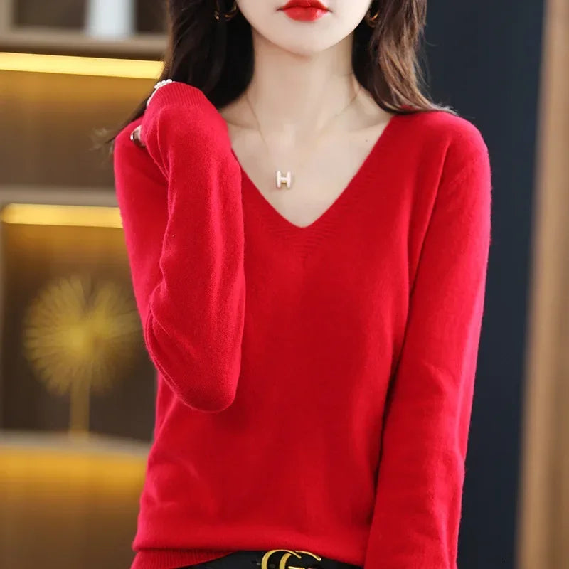 ARINELLE – WOMEN’S KOREAN-STYLE V-NECK KNIT SWEATER Red Sweater Marina&Nola