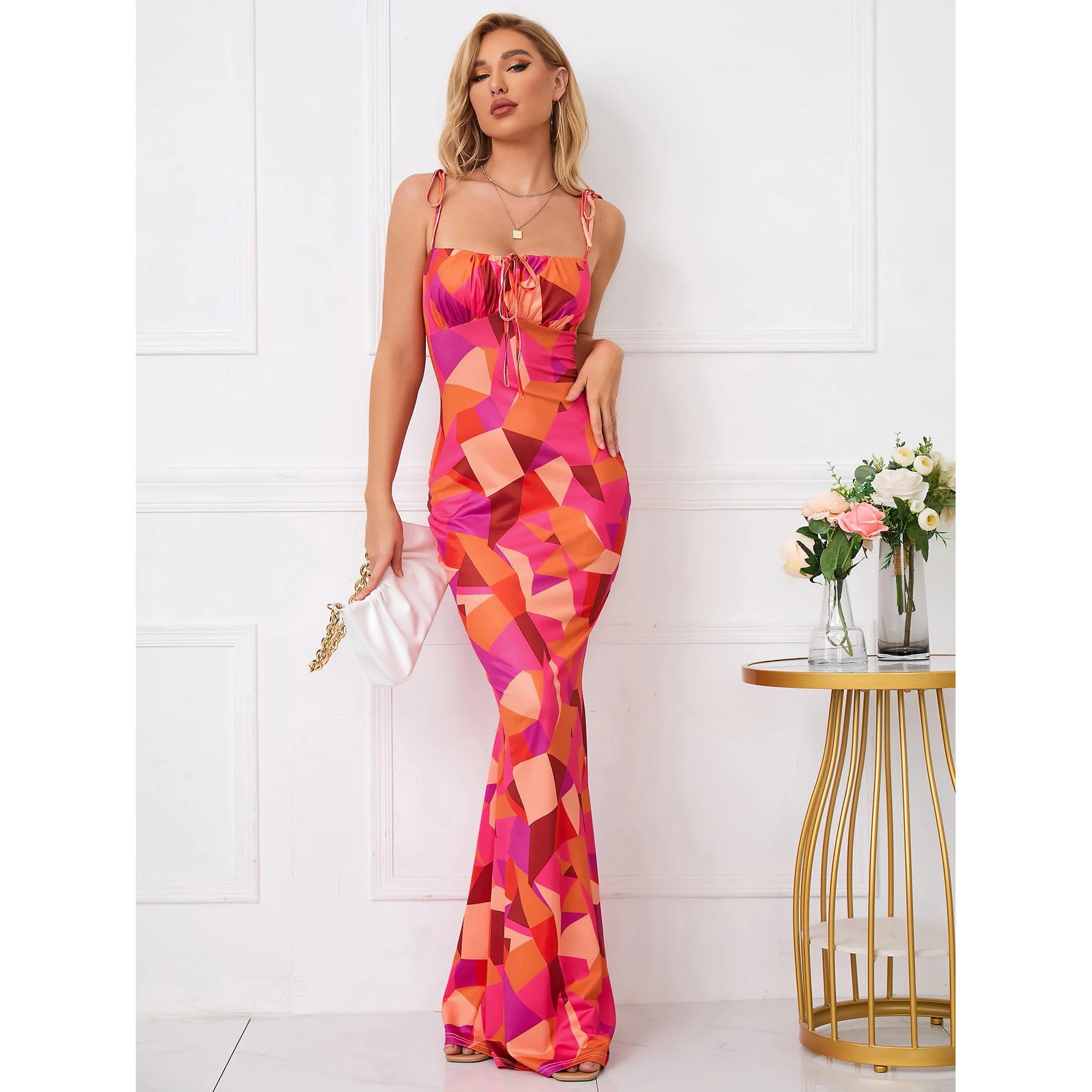 FLORÉVA – WOMEN’S FLORAL LACE-UP BODYCON MAXI DRESS