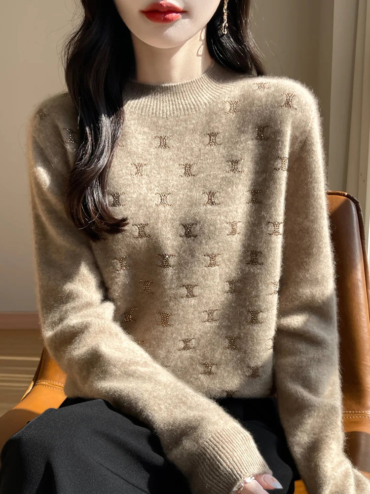 ELVORIA – WOMEN’S FINE WOOL EMBELLISHED PULLOVER SWEATER Camel Sweater Marina&Nola