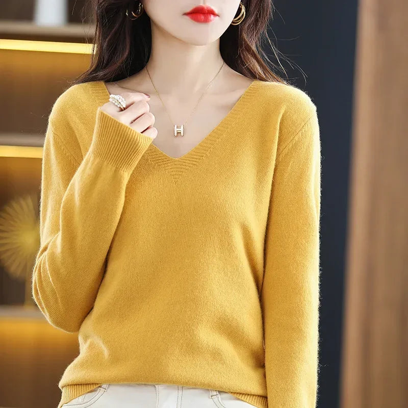 ARINELLE – WOMEN’S KOREAN-STYLE V-NECK KNIT SWEATER Yellow Sweater Marina&Nola