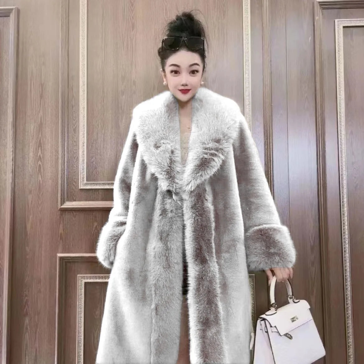 FURVÉRA – WOMEN’S ELEGANT FAUX FUR LONG COAT Gray Coat Marina&Nola