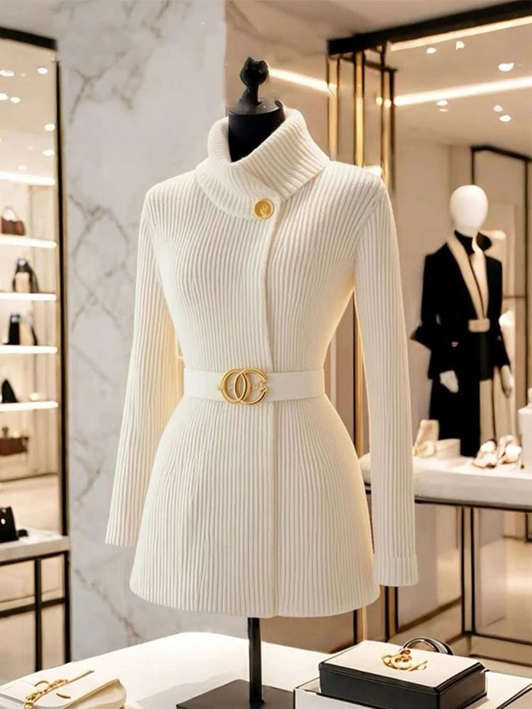 LUXÉLLE – WOMEN’S HIGH-END TURTLENECK KNIT SWEATER WITH BELT Apricot Sweater Marina&Nola