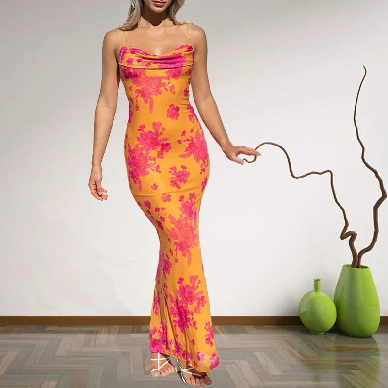 FLORÉLIA – WOMEN’S ELEGANT HALTER FLORAL BODYCON MAXI DRESS