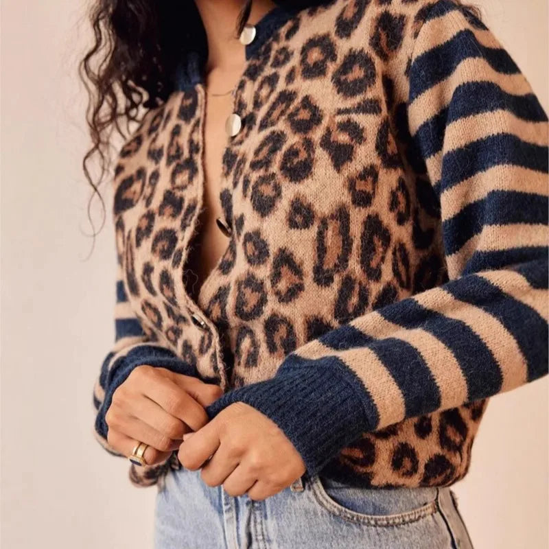 CHELVARA – WOMEN’S LEOPARD PRINT OPEN-FRONT KNIT CARDIGAN Cardigans Marina&Nola