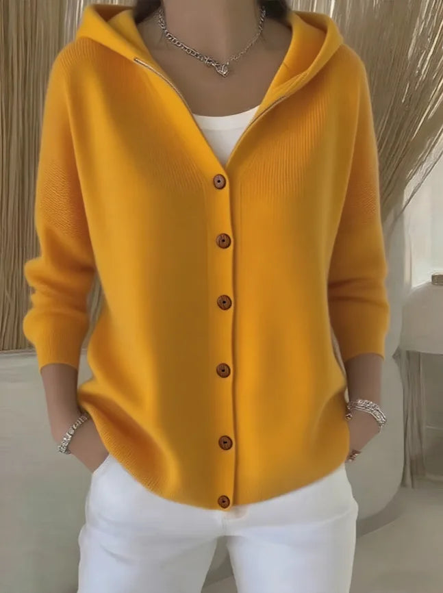 NORELIA – WOMEN’S BUTTONED KNIT HOODED CARDIGAN SWEATER Yellow Sweater Marina&Nola