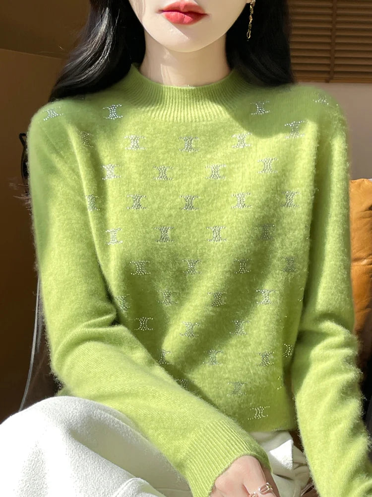 ELVORIA – WOMEN’S FINE WOOL EMBELLISHED PULLOVER SWEATER Fruit Green Sweater Marina&Nola