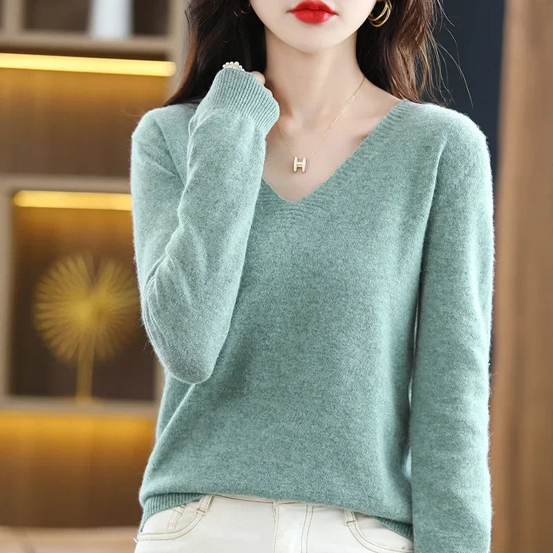 ARINELLE – WOMEN’S KOREAN-STYLE V-NECK KNIT SWEATER Light Green Sweater Marina&Nola