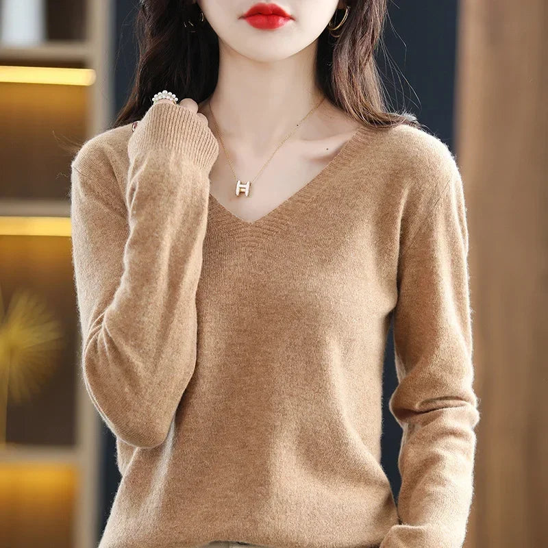 ARINELLE – WOMEN’S KOREAN-STYLE V-NECK KNIT SWEATER Golden camel Sweater Marina&Nola