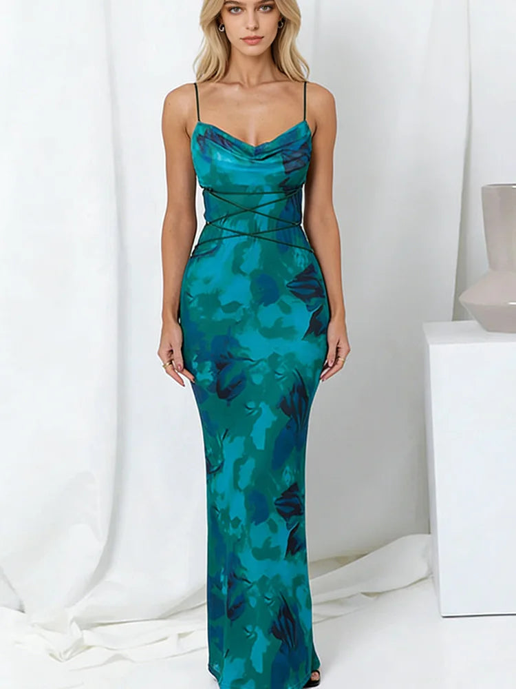 FLORÉNA – WOMEN’S U-NECK FLORAL BACKLESS BODYCON MAXI DRESS