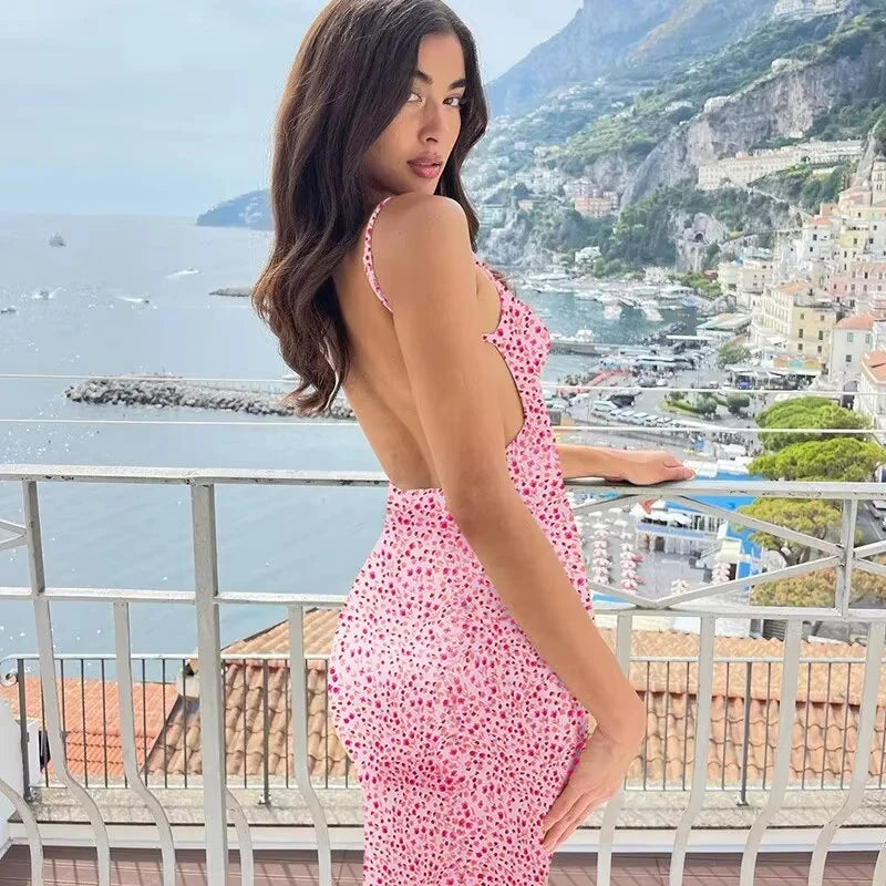 FLORÉSSA – WOMEN’S FLORAL SUSPENDER BACKLESS MAXI DRESS