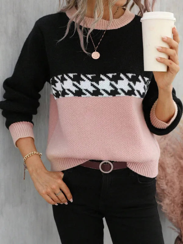 MARIELLE – WOMEN’S PRINTED LOOSE-FIT KNIT PULLOVER SWEATER Pink Sweater Marina&Nola