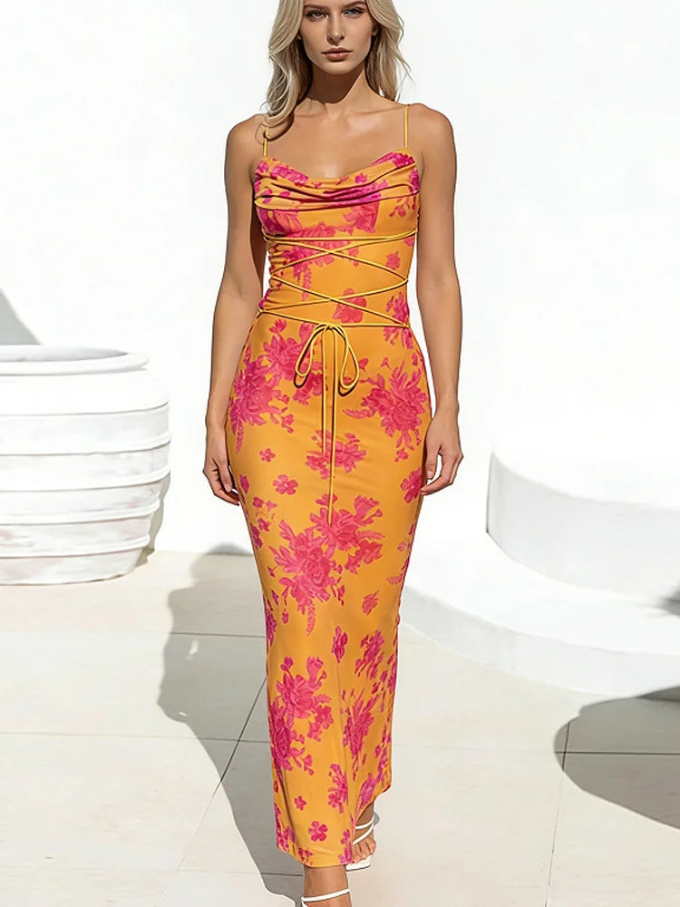 FLORÉNA – WOMEN’S U-NECK FLORAL BACKLESS BODYCON MAXI DRESS