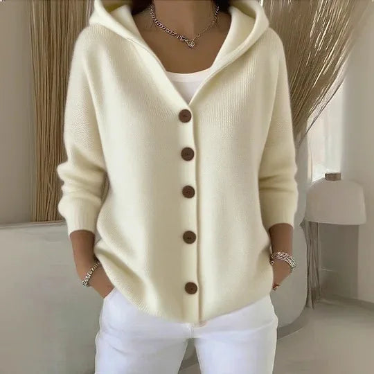 NORELIA – WOMEN’S BUTTONED KNIT HOODED CARDIGAN SWEATER Brown Sweater Marina&Nola
