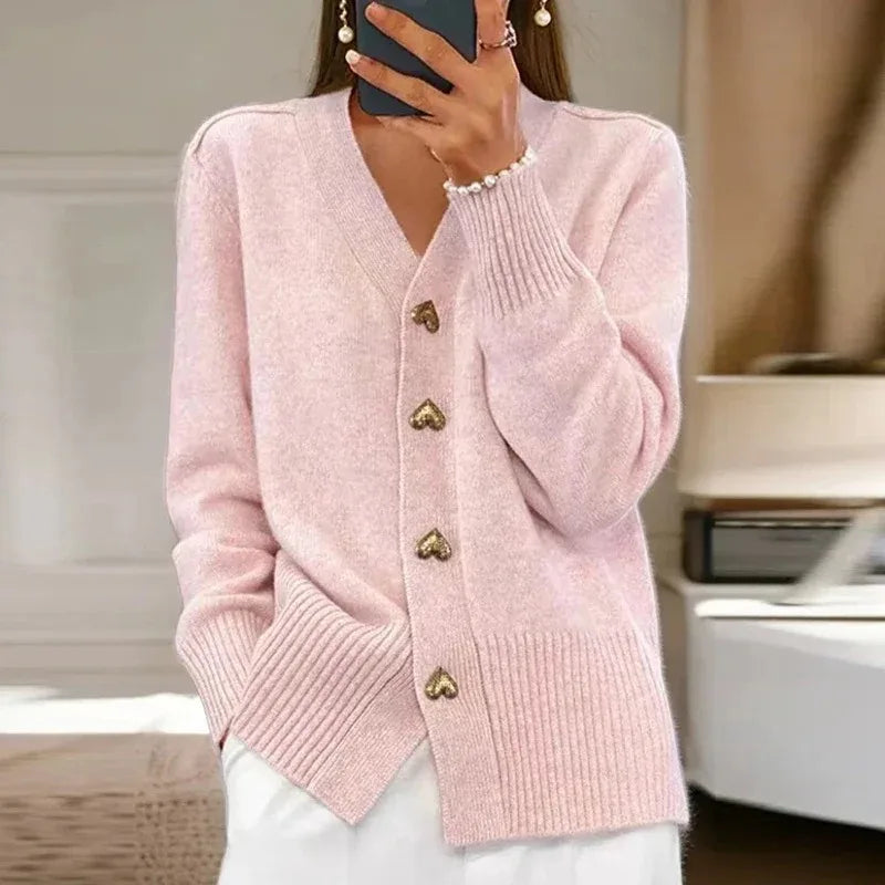 VELORIA – WOMEN’S CASUAL V-NECK KNIT CARDIGAN SWEATER Pink Sweater Marina&Nola