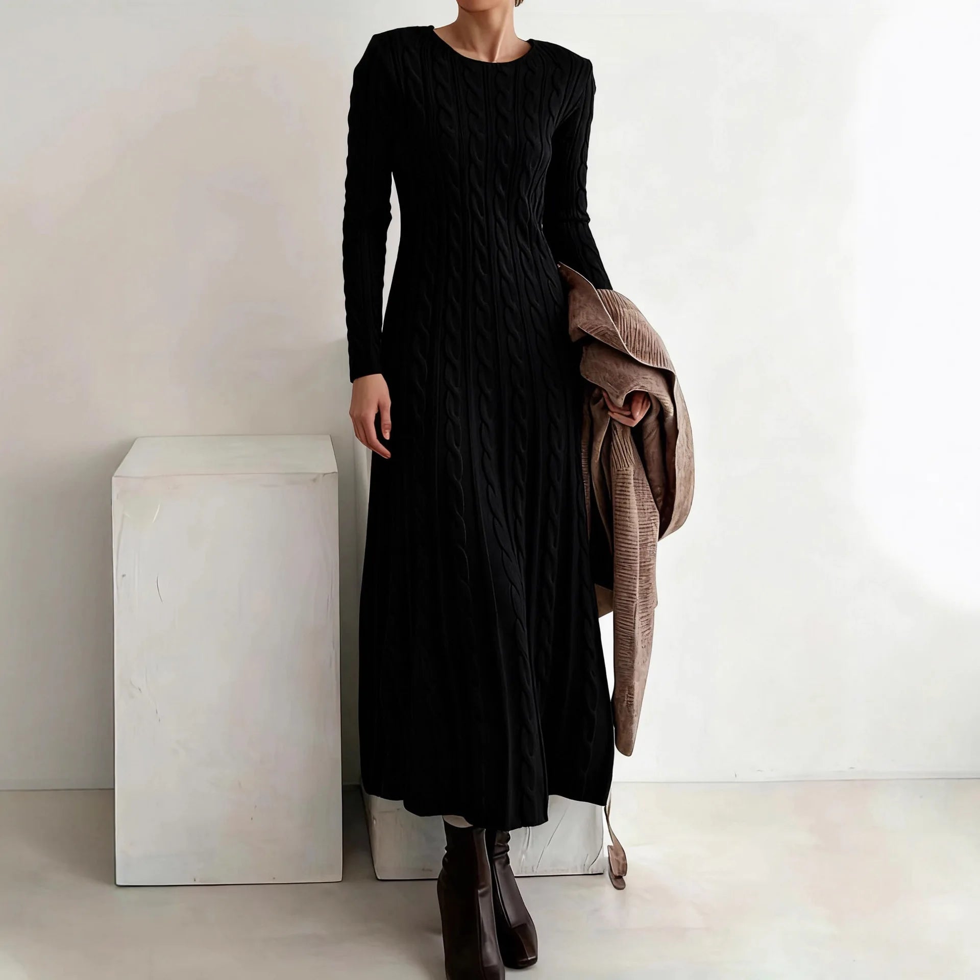 CABELLA – WOMEN’S CABLE KNIT LONG SWEATER DRESS Black Dresses Marina&Nola