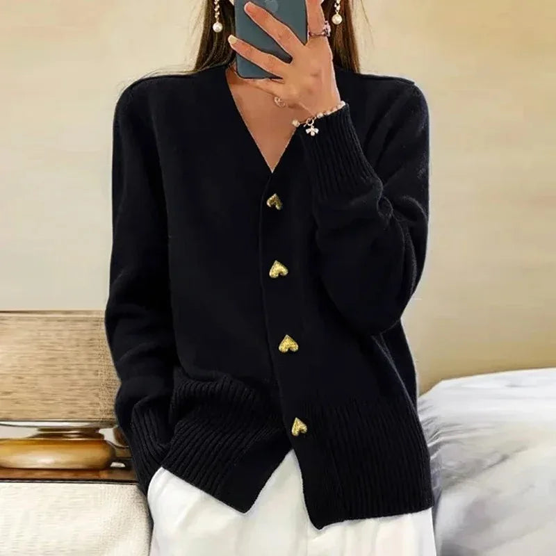 VELORIA – WOMEN’S CASUAL V-NECK KNIT CARDIGAN SWEATER Black Sweater Marina&Nola