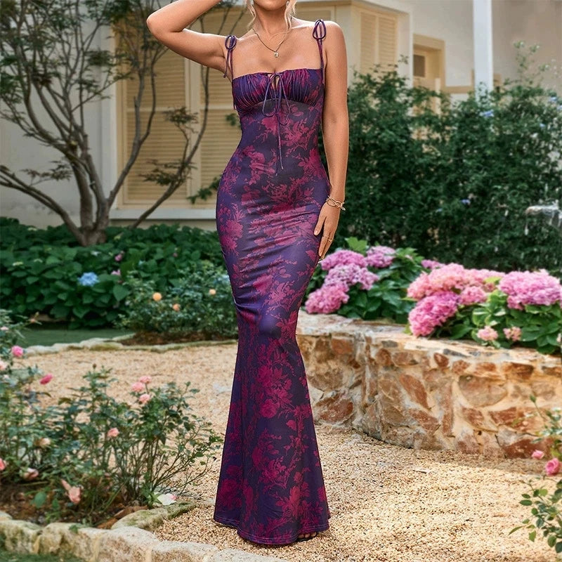 FLORÉVA – WOMEN’S FLORAL LACE-UP BODYCON MAXI DRESS