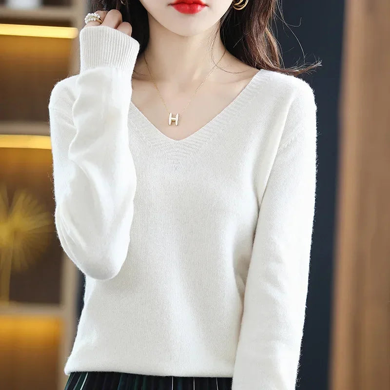 ARINELLE – WOMEN’S KOREAN-STYLE V-NECK KNIT SWEATER White Sweater Marina&Nola