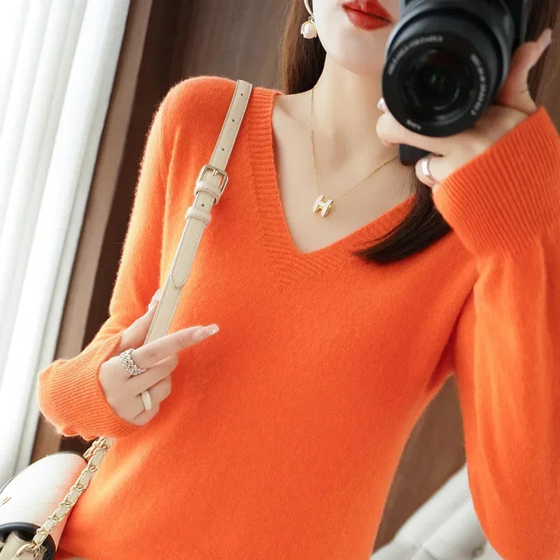 ARINELLE – WOMEN’S KOREAN-STYLE V-NECK KNIT SWEATER Orange Sweater Marina&Nola