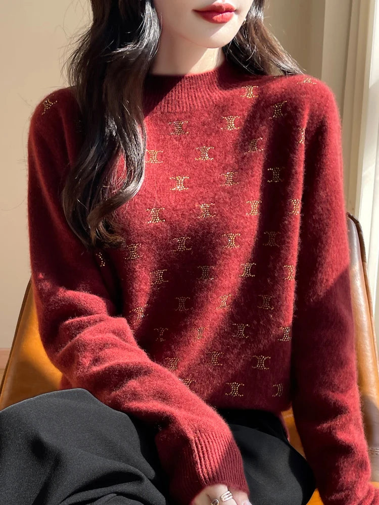 ELVORIA – WOMEN’S FINE WOOL EMBELLISHED PULLOVER SWEATER Angola Red Sweater Marina&Nola