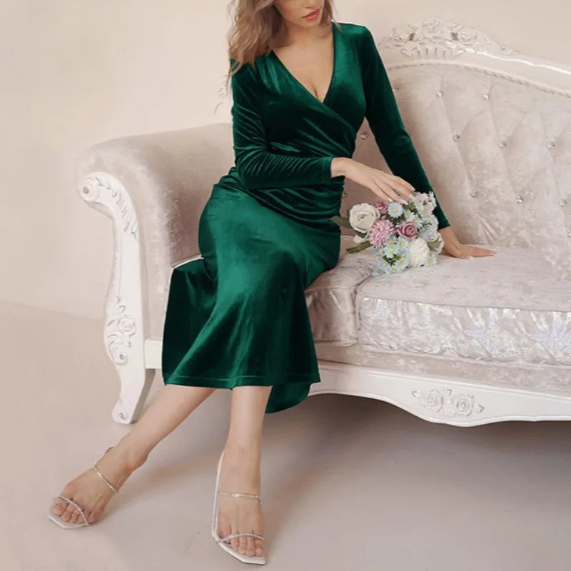 AVÉLORA – WOMEN’S EUROPEAN-STYLE V-NECK MIDI PARTY DRESS Dresses Marina&Nola