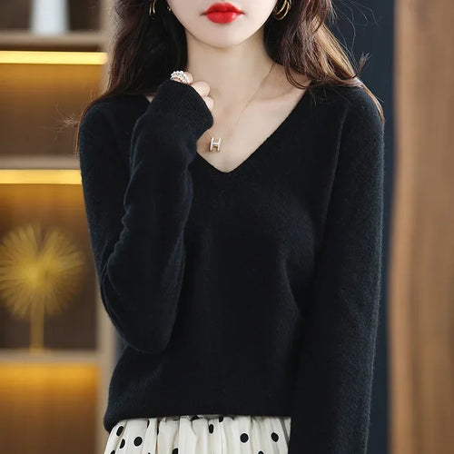 ARINELLE – WOMEN’S KOREAN-STYLE V-NECK KNIT SWEATER Black Sweater Marina&Nola