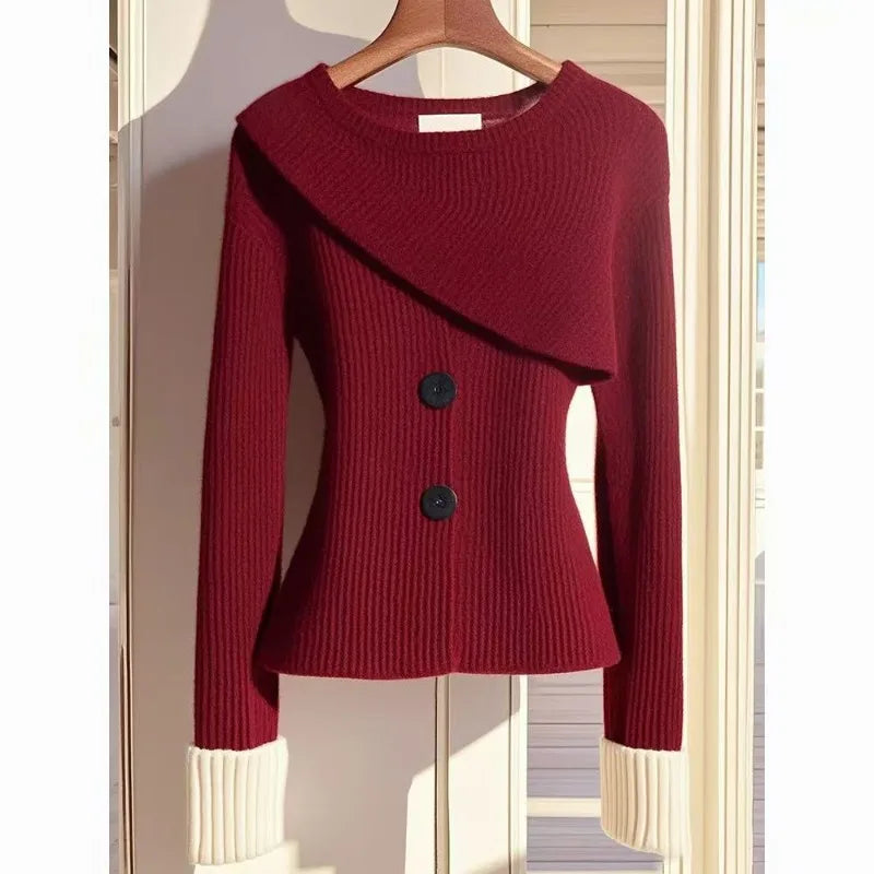 SEORINA – WOMEN’S KOREAN-STYLE IRREGULAR KNIT CARDIGAN Red Cardigans Marina&Nola