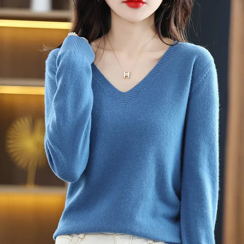 ARINELLE – WOMEN’S KOREAN-STYLE V-NECK KNIT SWEATER Royal Blue Sweater Marina&Nola